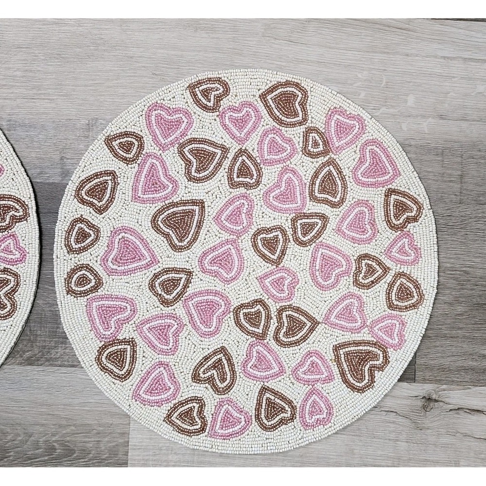 Valentines Day Pink & Gold Hearts Beaded Placemat Charger Placemats 2 Pc 15" - Picture 3 of 7